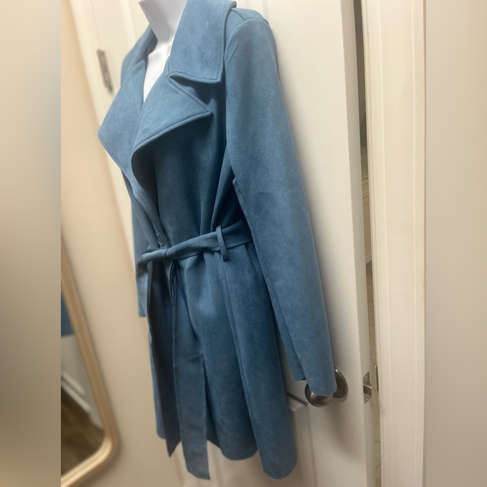 Elie Tahari Dusty Blue Faux Leather Belted Wrap Trench Coat Small NWT - Picture 5 of 12